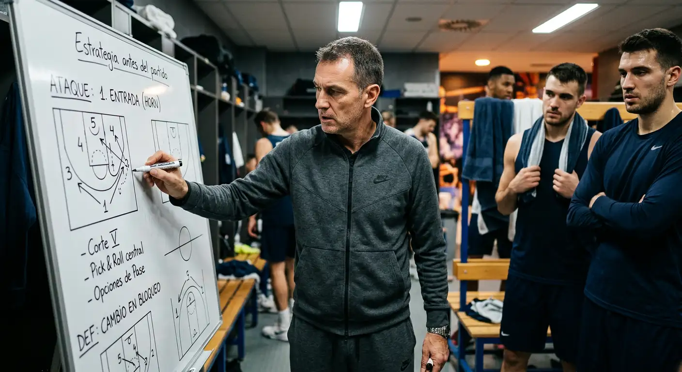 Entrenador de baloncesto europeo analizando una pizarra táctica en el vestuario antes de un partido