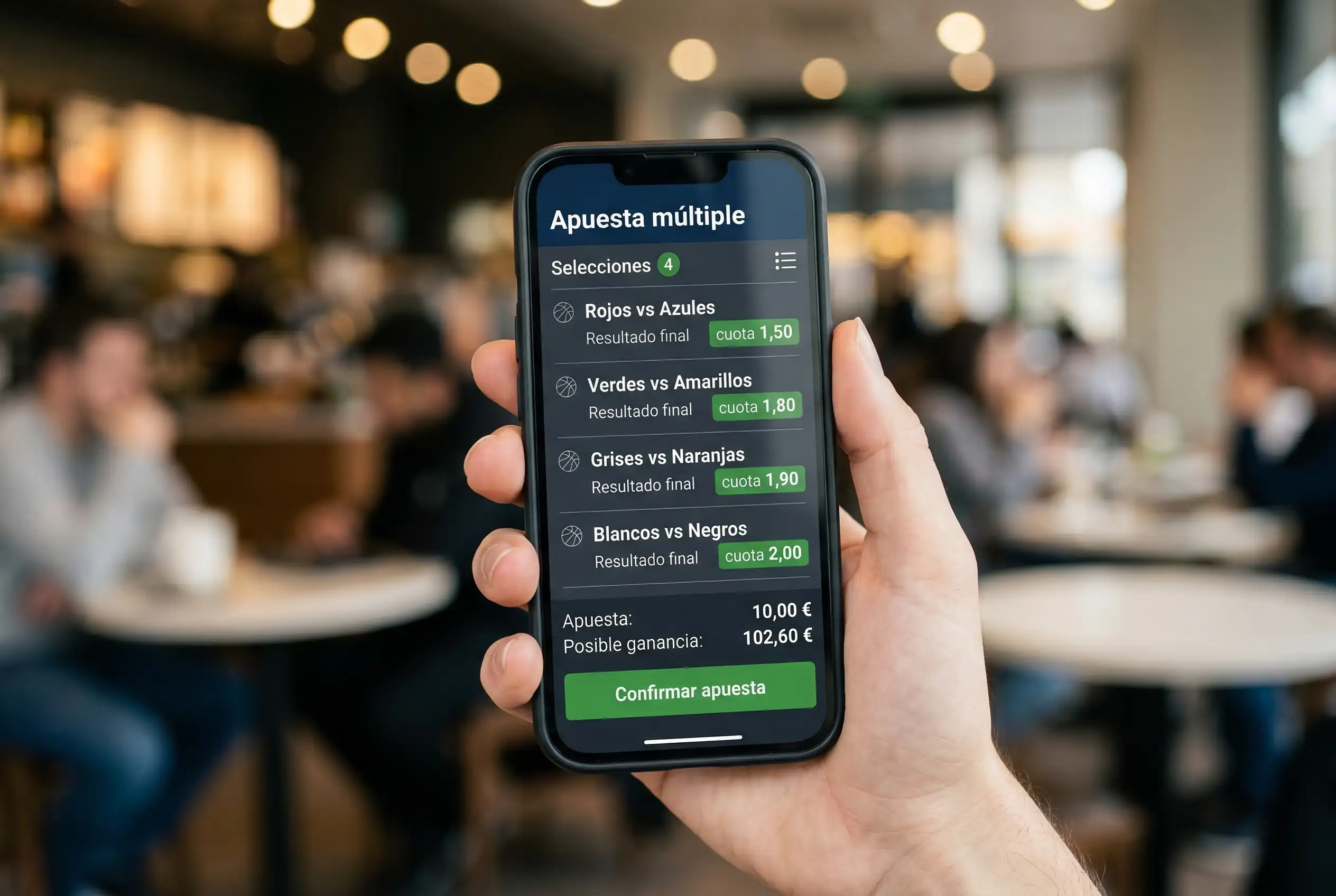 Pantalla de dispositivo móvil mostrando un boleto de apuesta múltiple con partidos de baloncesto