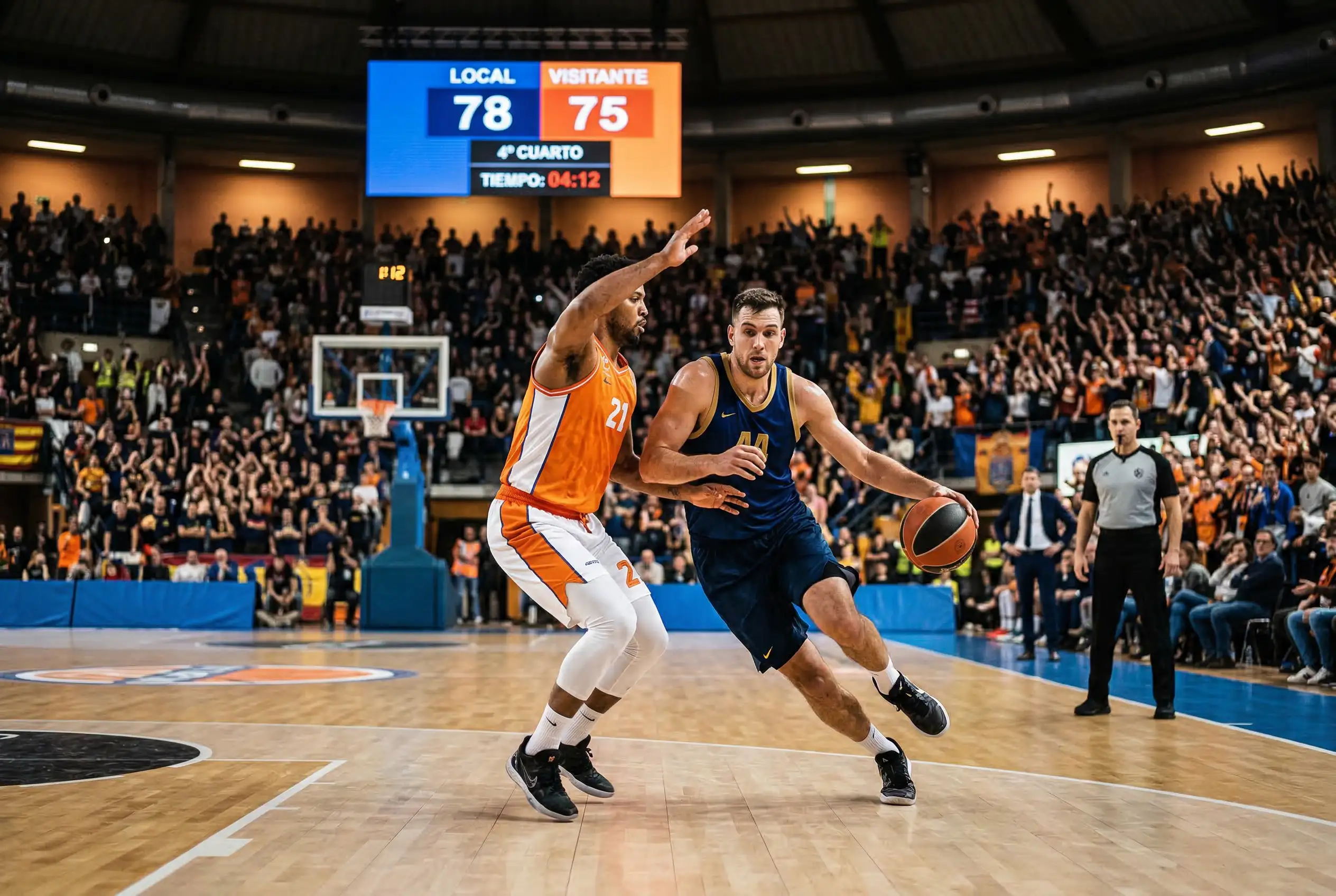 Cancha de baloncesto iluminada durante un partido nocturno de Euroliga con marcador electrónico en directo