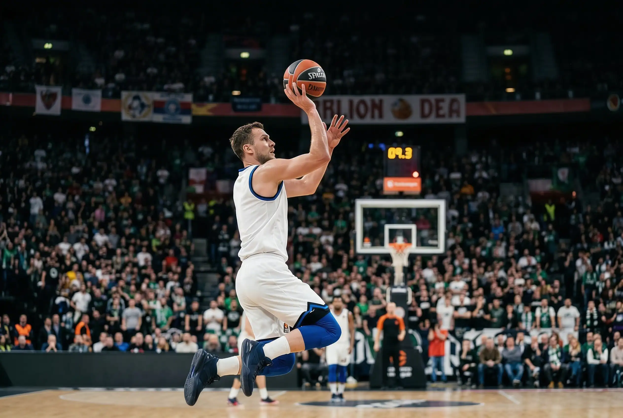 Jugador de baloncesto europeo lanzando a canasta durante un partido de Euroliga en primer plano