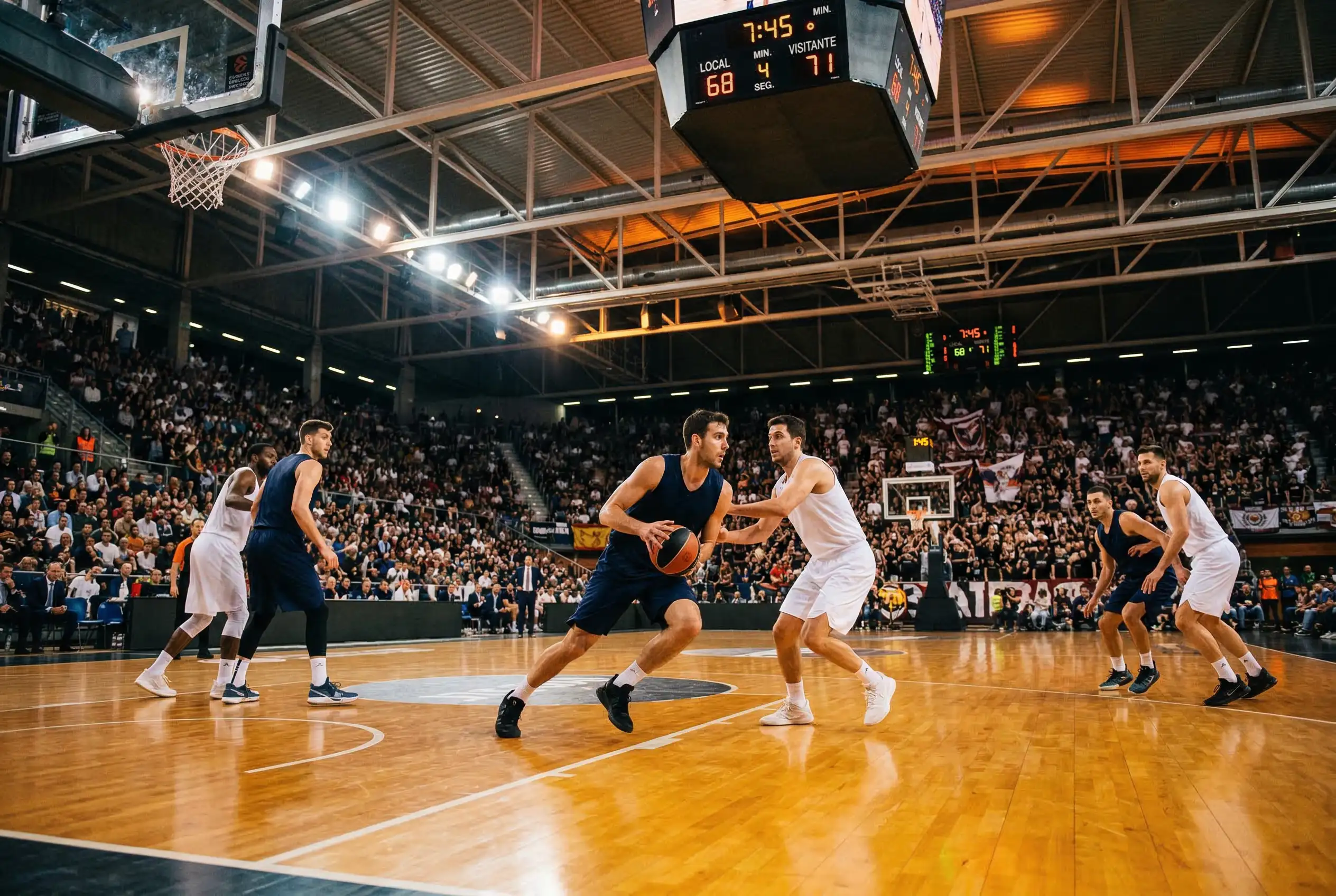Pista de baloncesto iluminada durante la Final Four de la Euroliga con aficionados en las gradas