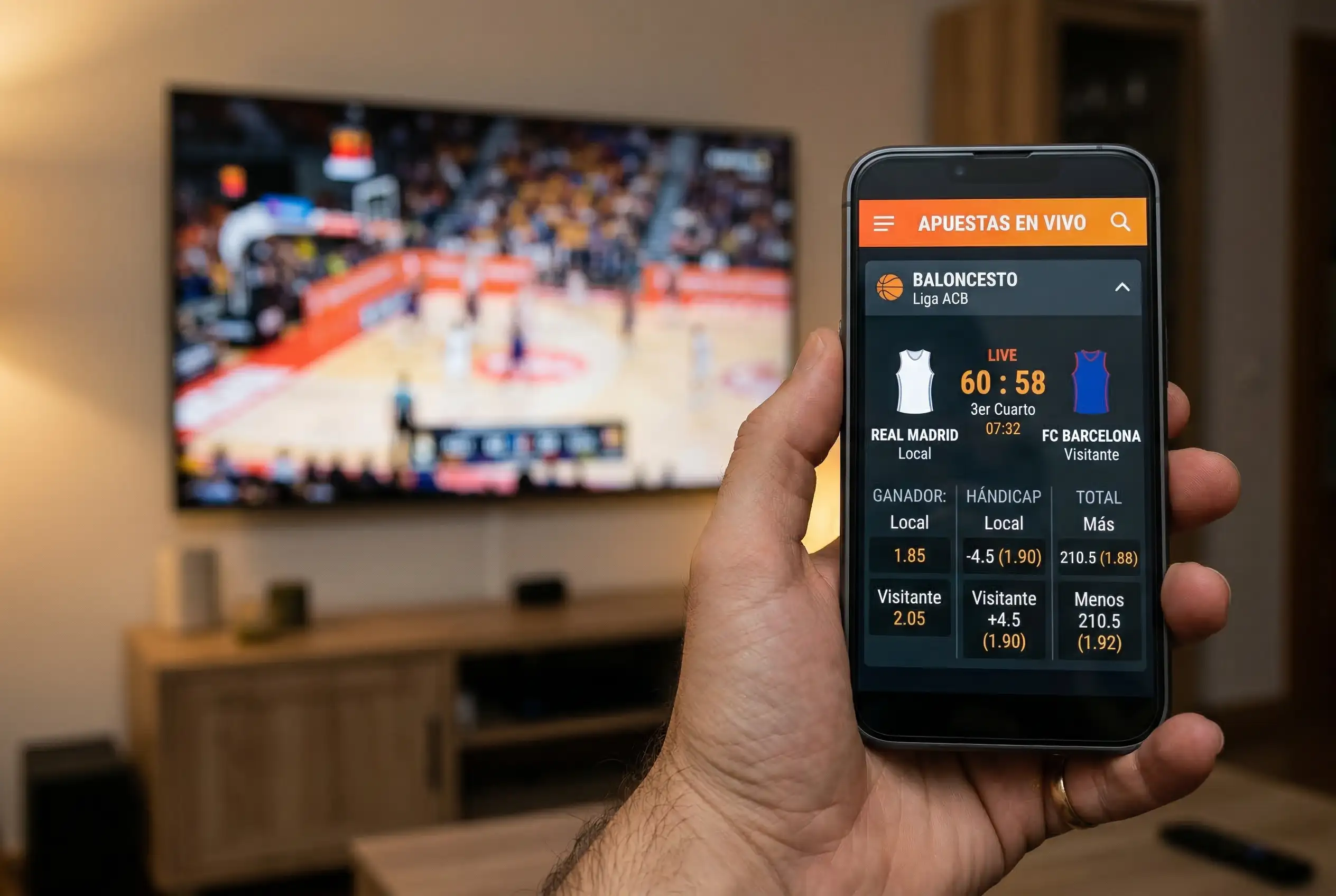 Maño sosteniendo un teléfono móvil con una aplicación de apuestas deportivas de baloncesto abierta