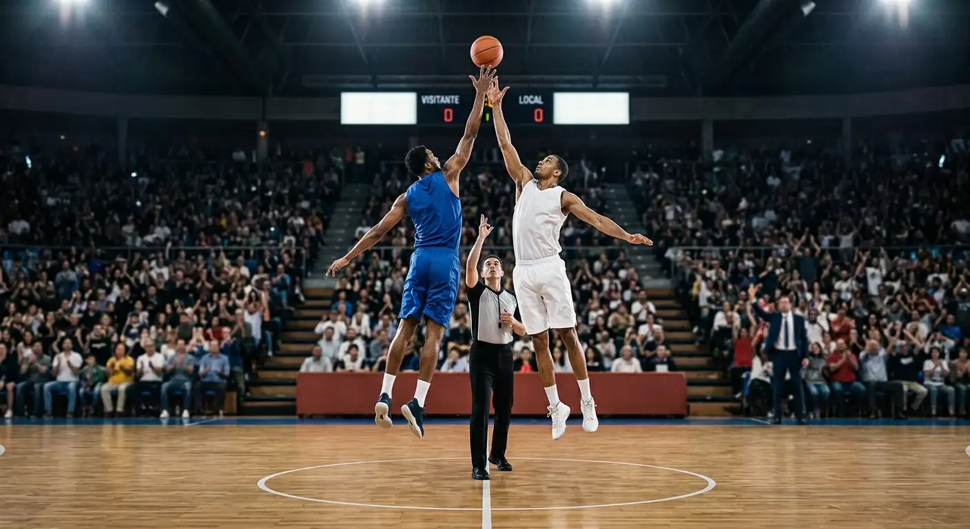 Salto inicial en un partido de baloncesto de Euroliga con dos jugadores disputando el balón