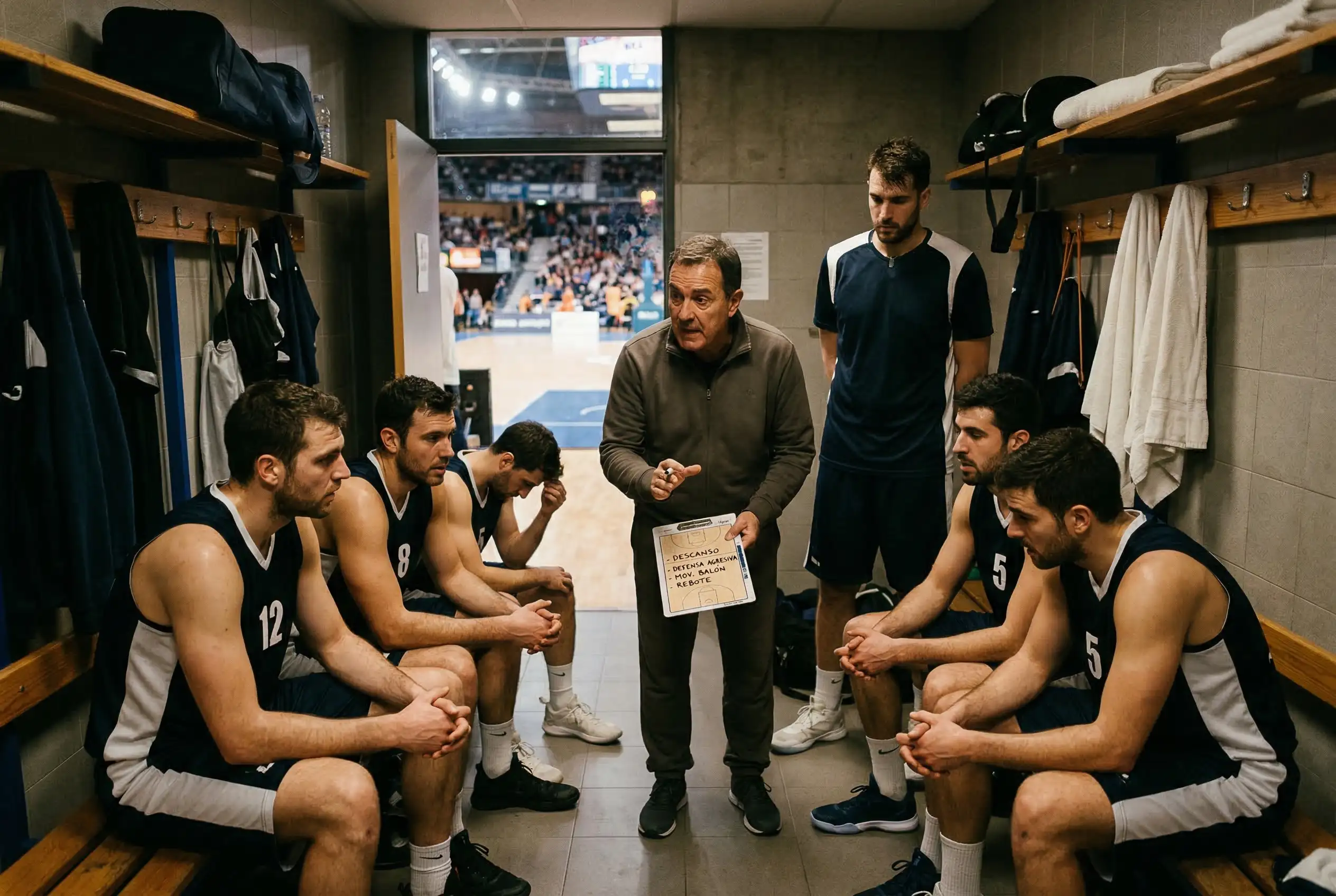 Equipo de baloncesto europeo reunido en el vestuario durante el descanso de un partido de Euroliga