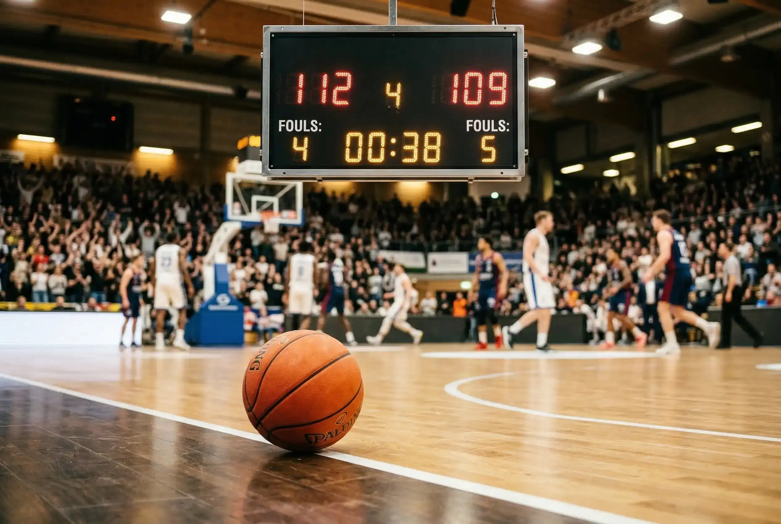 Balón de baloncesto junto a un marcador con puntuación alta en un partido de Euroliga
