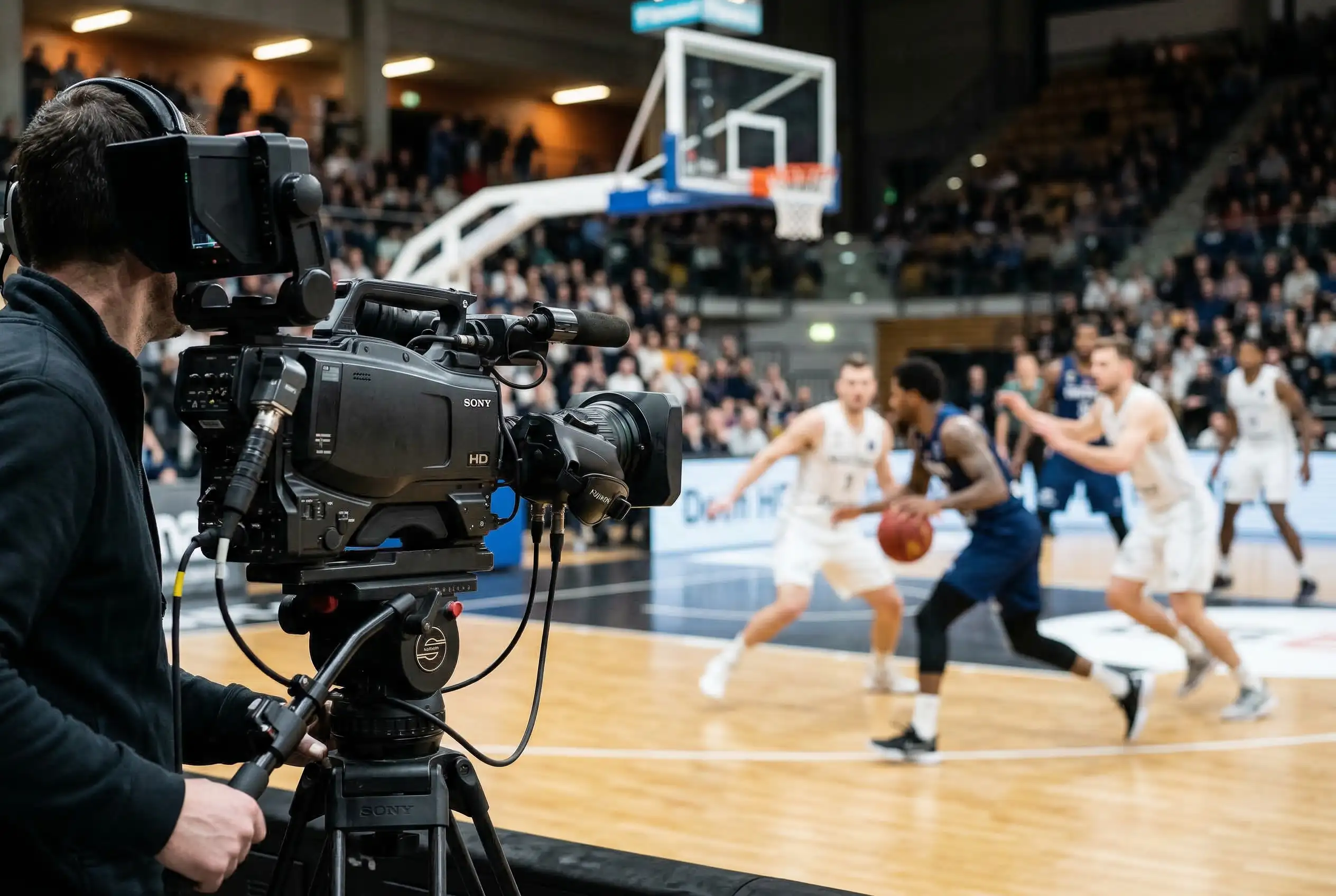 Cámara de televisión enfocando una cancha de baloncesto durante una retransmisión de Euroliga