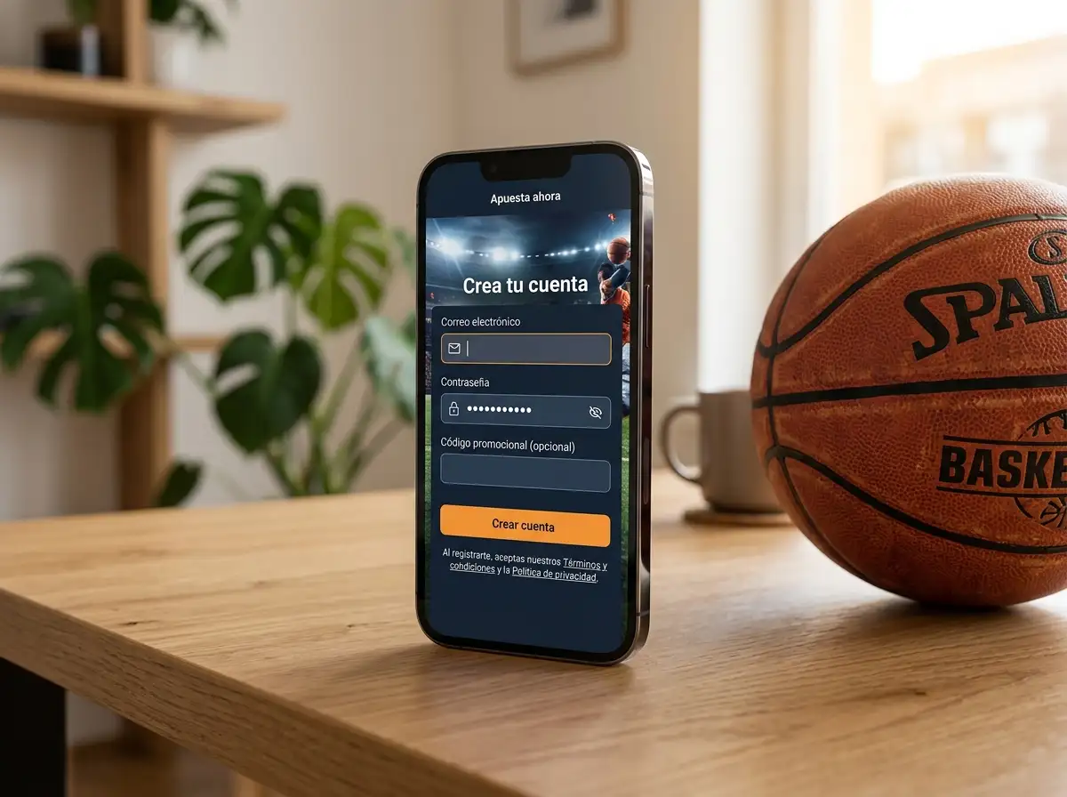 Teléfono móvil con pantalla de registro en una plataforma de apuestas deportivas junto a un balón de baloncesto