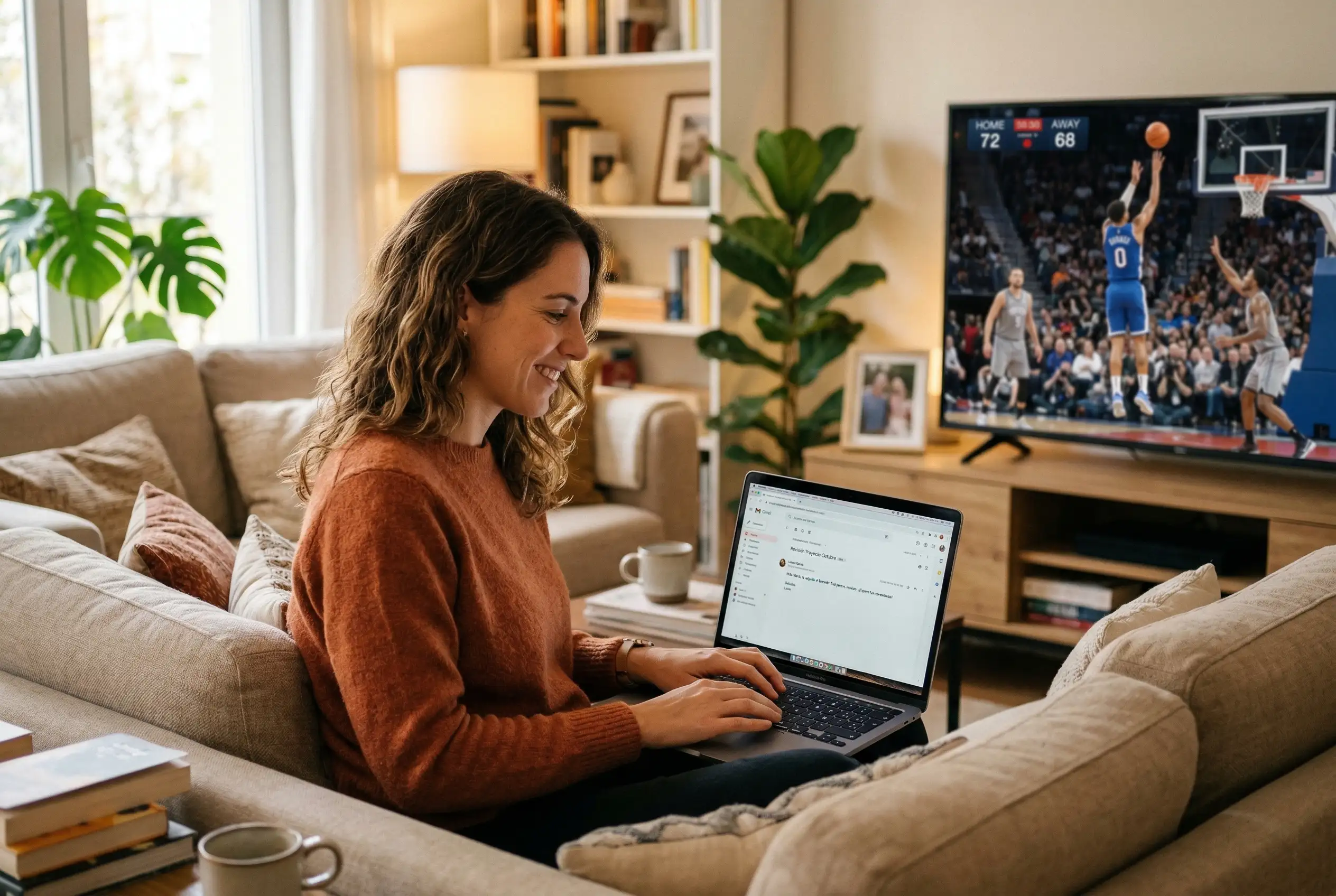 Persona sentada con un portátil viendo un partido de baloncesto de Euroliga en televisión
