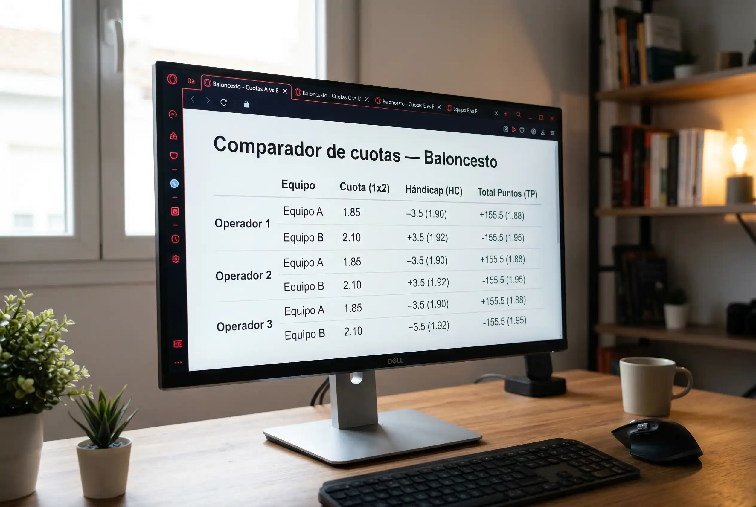 Pantalla de ordenador con varias pestañas de operadores de apuestas mostrando cuotas de baloncesto