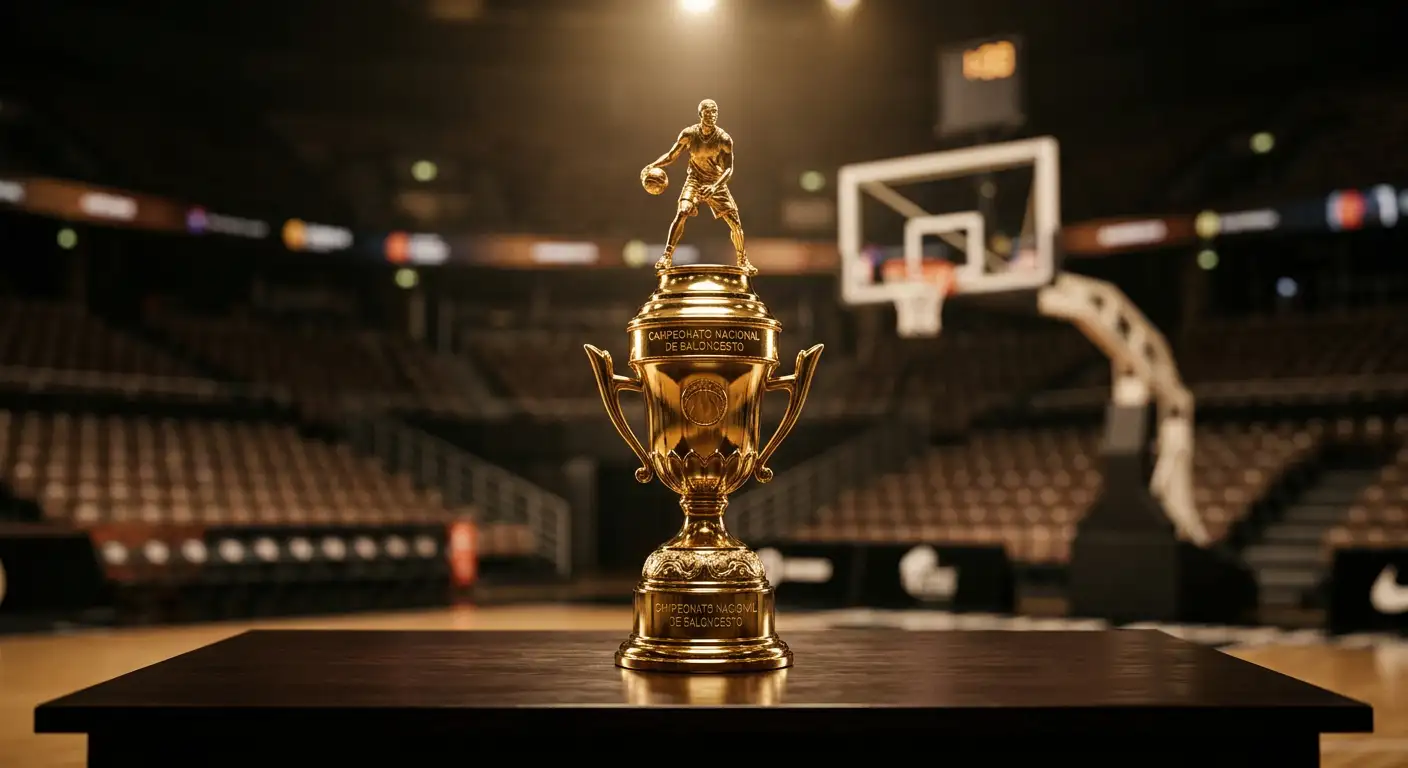 Trofeo de la Euroliga de baloncesto sobre una mesa con fondo de pabellón deportivo