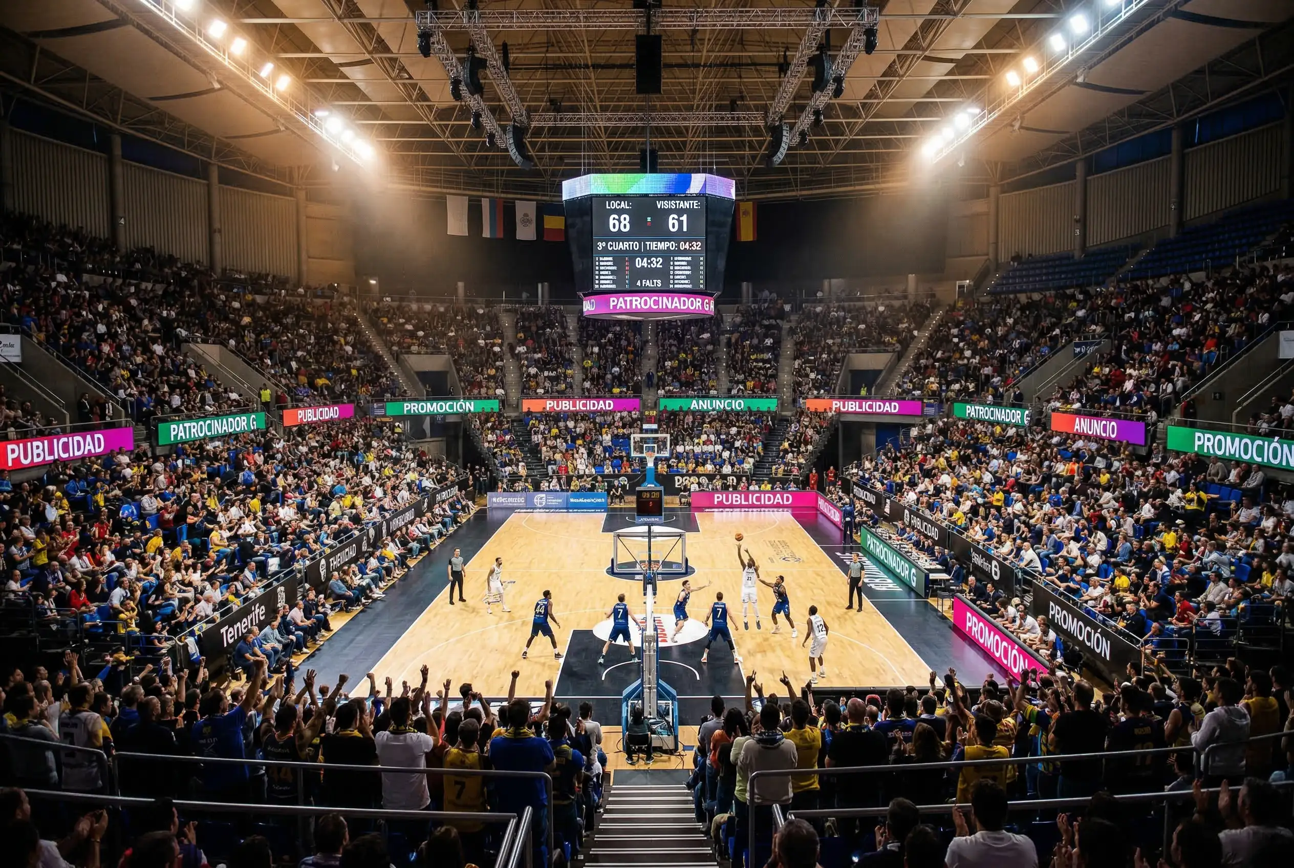 Pabellón de baloncesto lleno de espectadores con paneles publicitarios y focos durante un partido de Euroliga