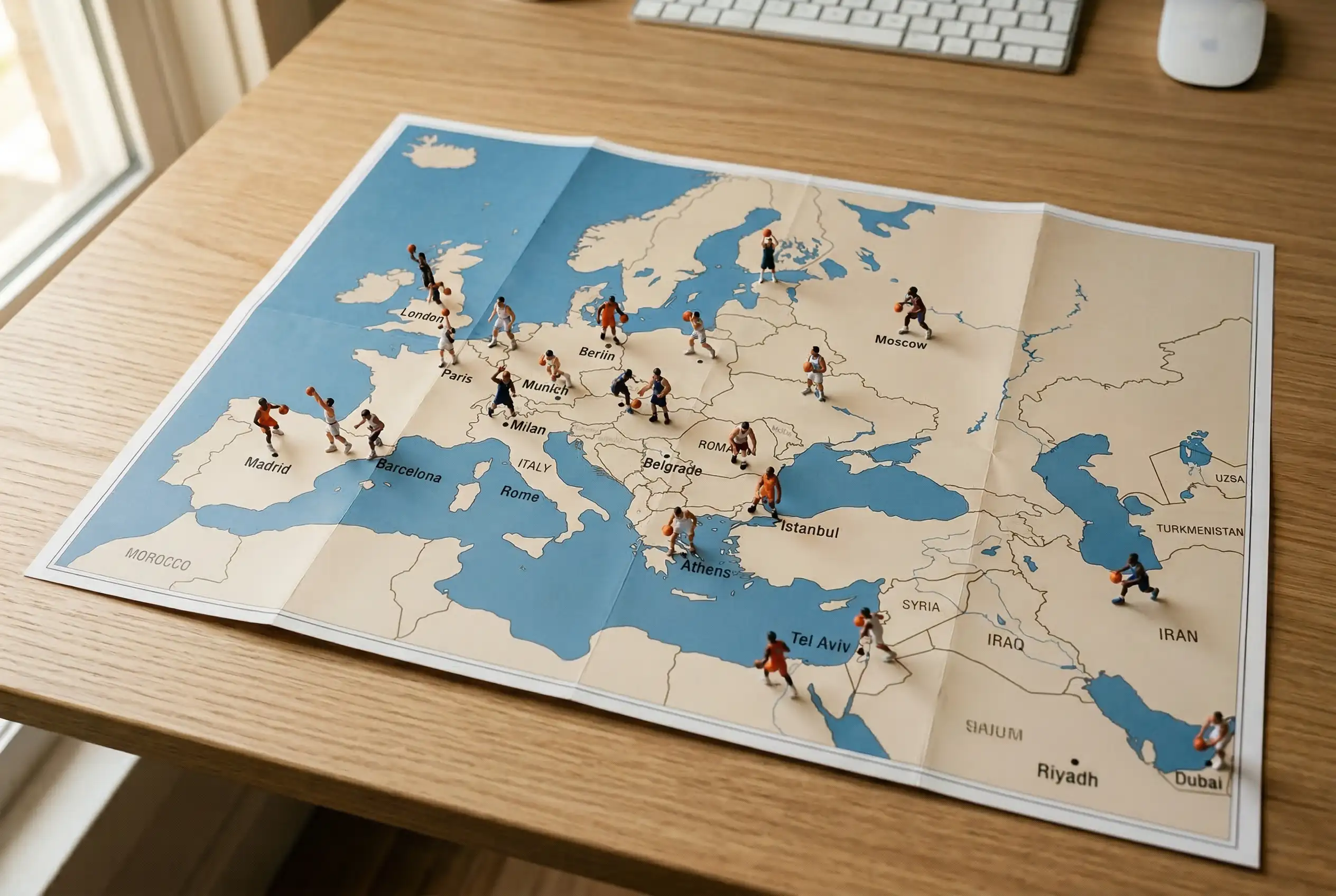 Mapa de Europa y Oriente Medio con ubicaciones de equipos de baloncesto de la Euroliga marcadas