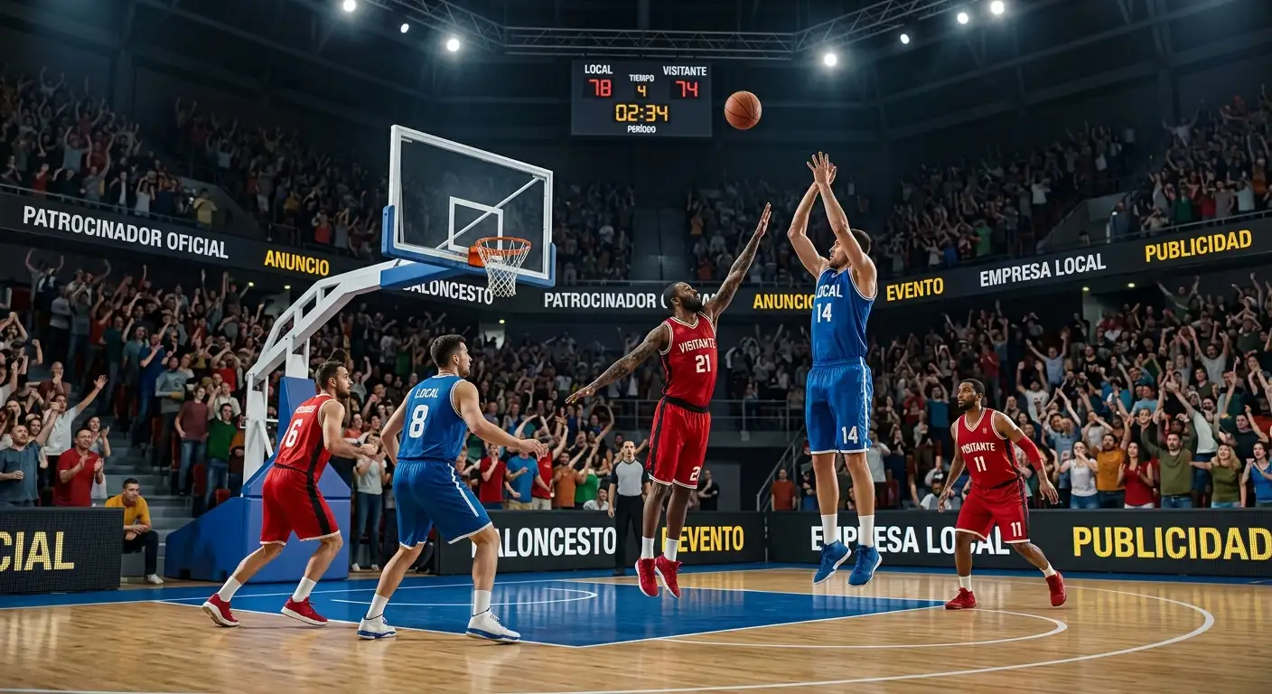 Pabellón de baloncesto europeo con carteles de patrocinadores y gradas llenas de espectadores