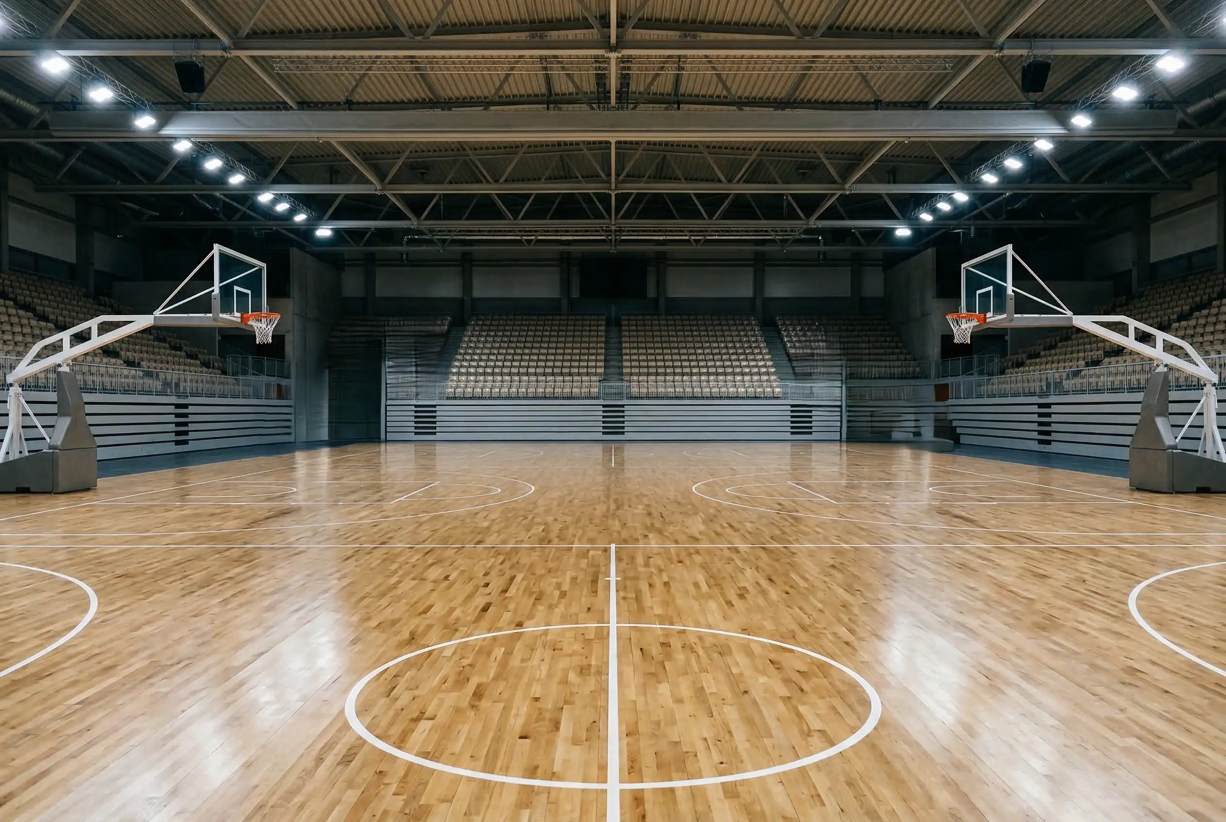 Dos canastas de baloncesto enfrentadas en una cancha profesional con líneas de juego europeas