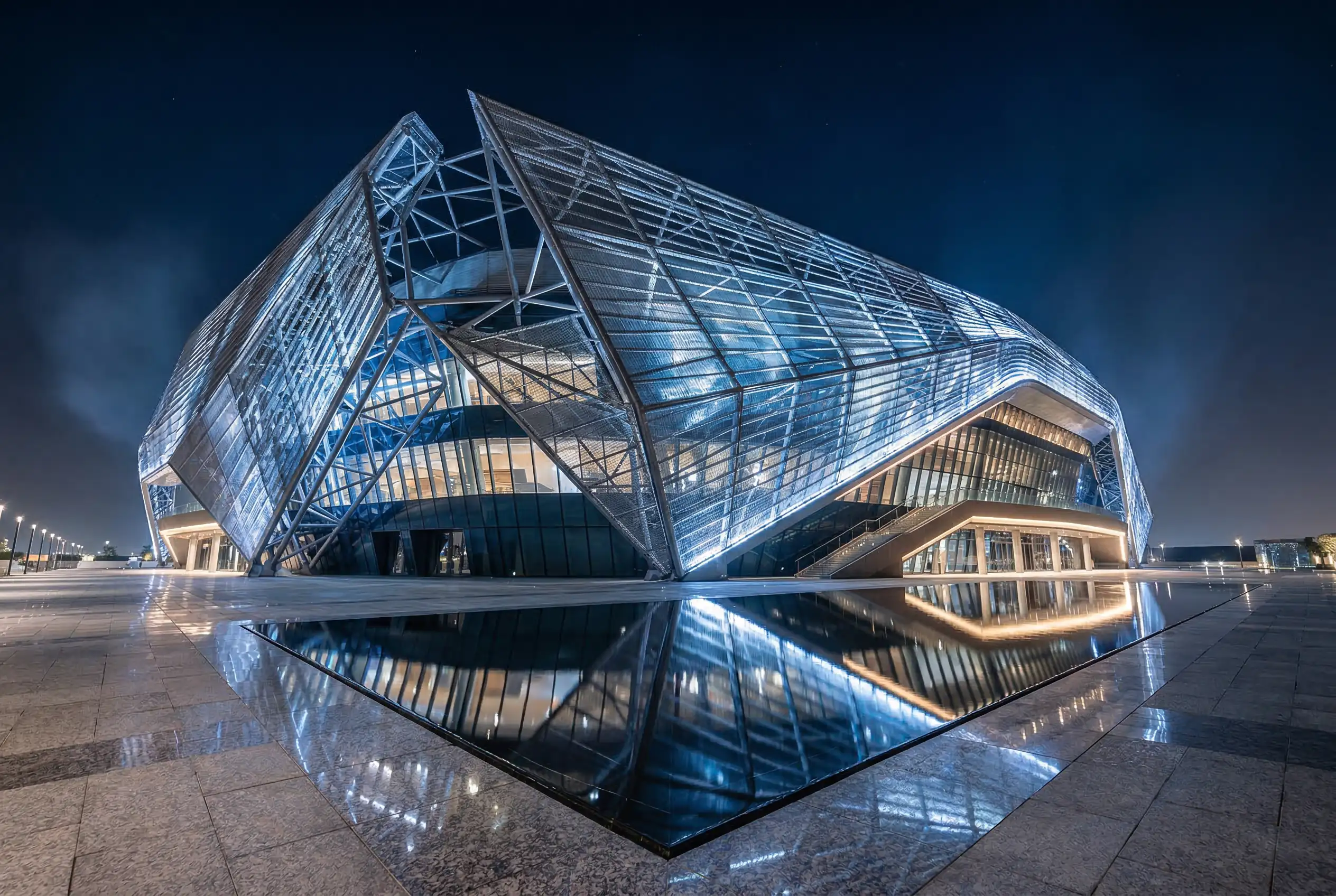Pabellón Etihad Arena de Abu Dhabi iluminado durante un evento de baloncesto de la Euroliga