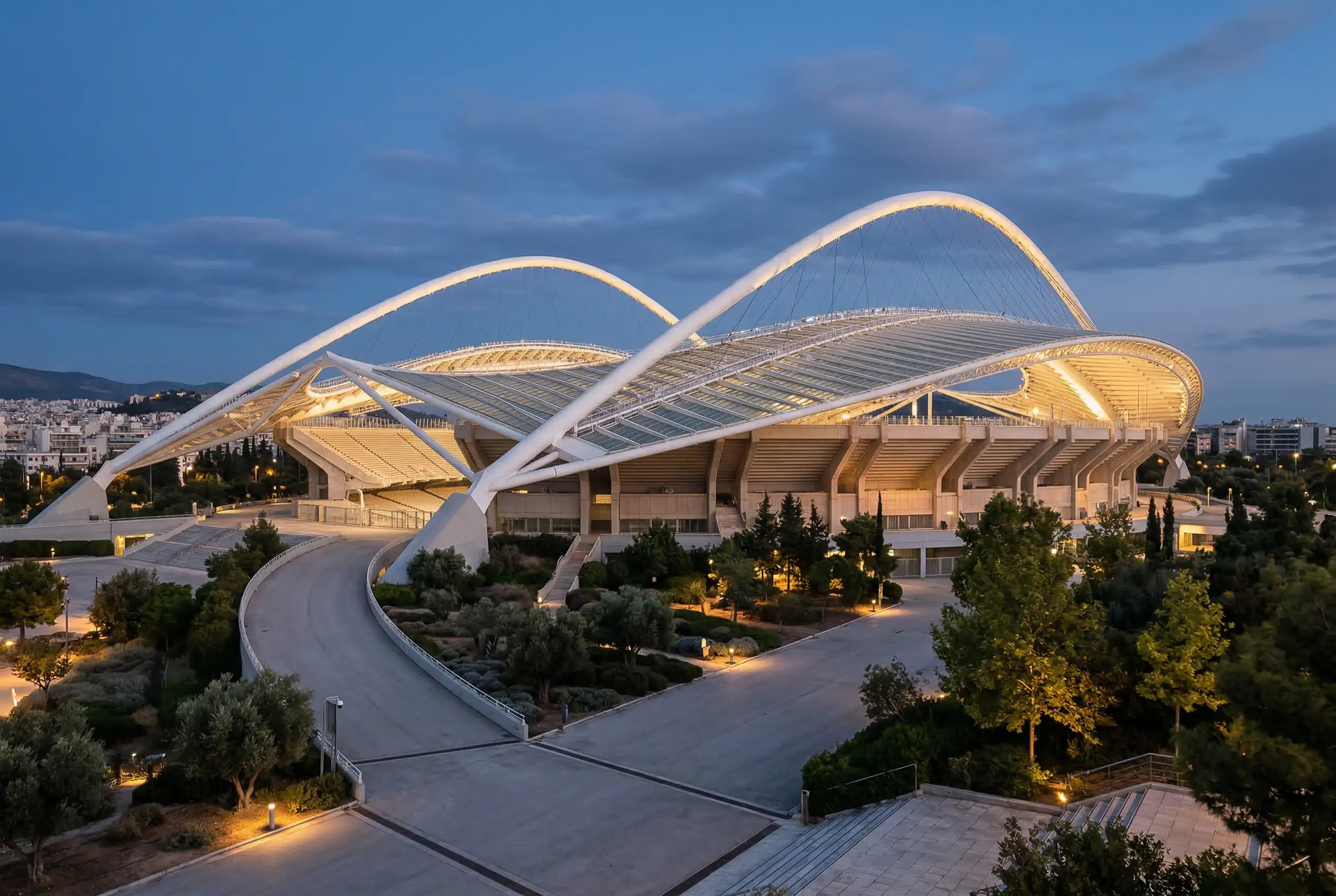 Vista exterior del pabellón OAKA de Atenas preparado para un evento de baloncesto europeo