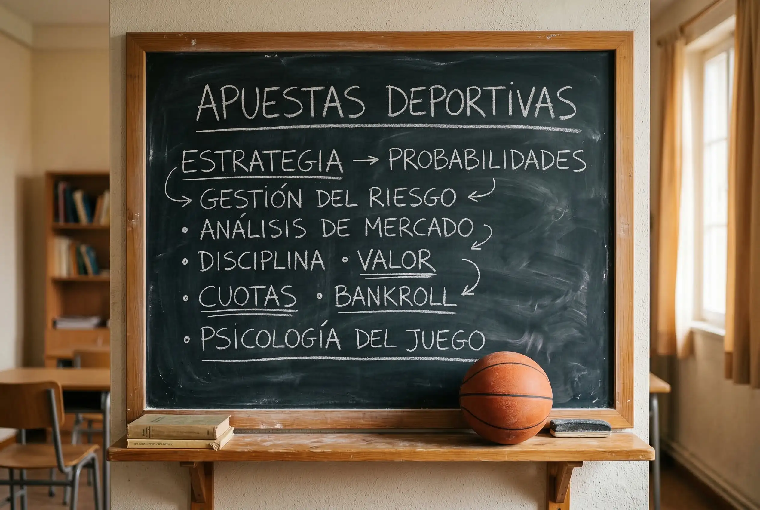 Pizarra con términos de apuestas deportivas escritos junto a un balón de baloncesto