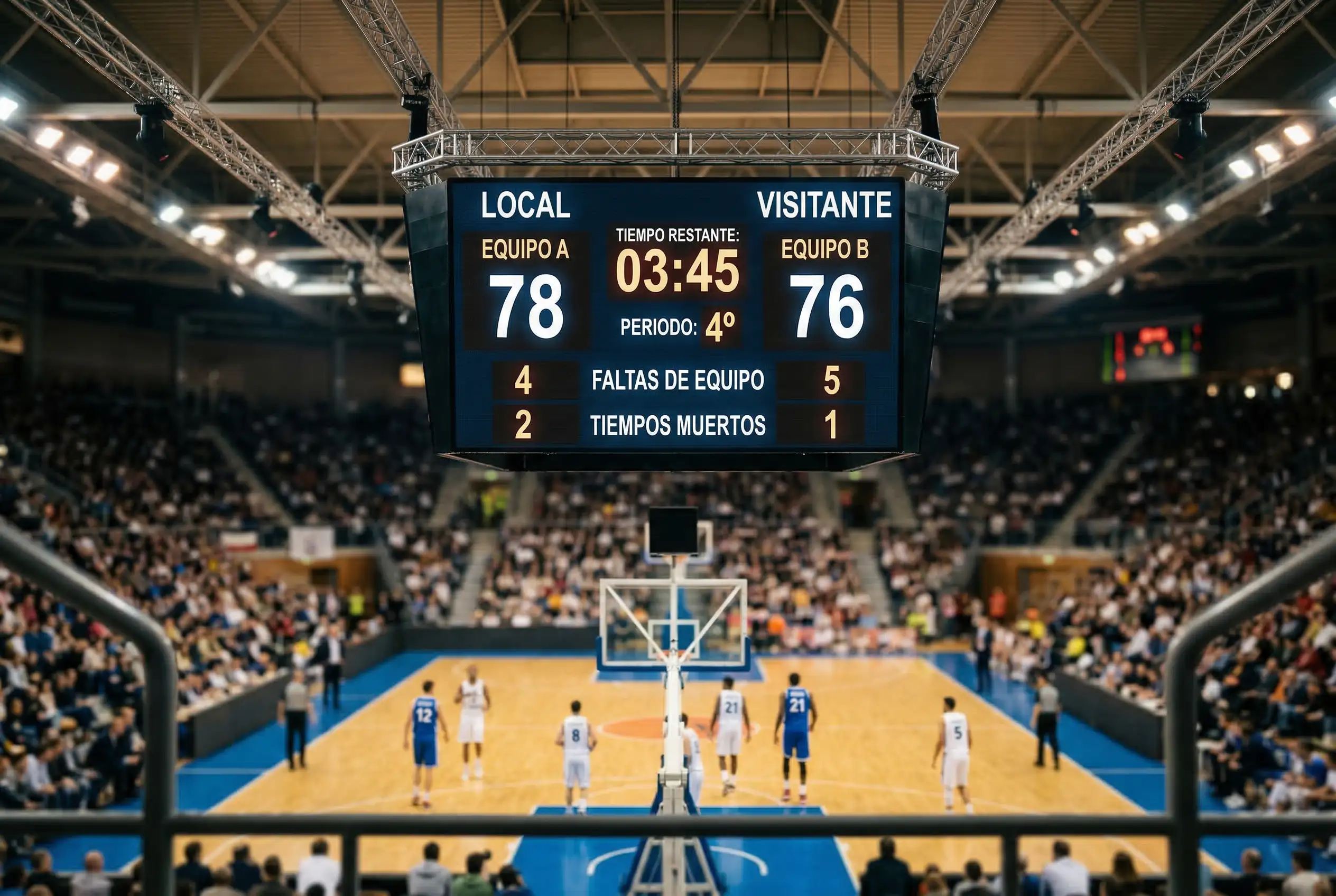 Tablero de puntuación de baloncesto mostrando diferencia de puntos entre dos equipos en un pabellón de Euroliga