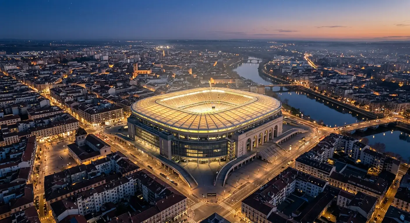 Vista aérea de una ciudad europea con un gran pabellón deportivo iluminado para la Final Four