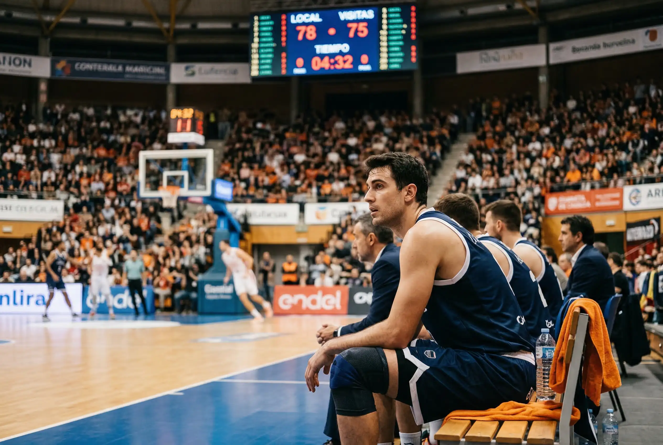 Banquillo de equipo de baloncesto europeo con jugador vendado en la rodilla durante un partido