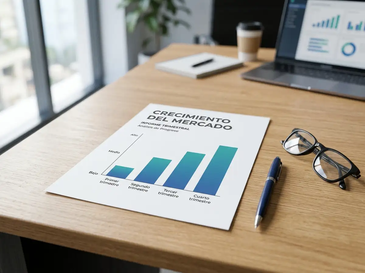 Gráfico de barras ascendente sobre un escritorio profesional representando el crecimiento del mercado de apuestas