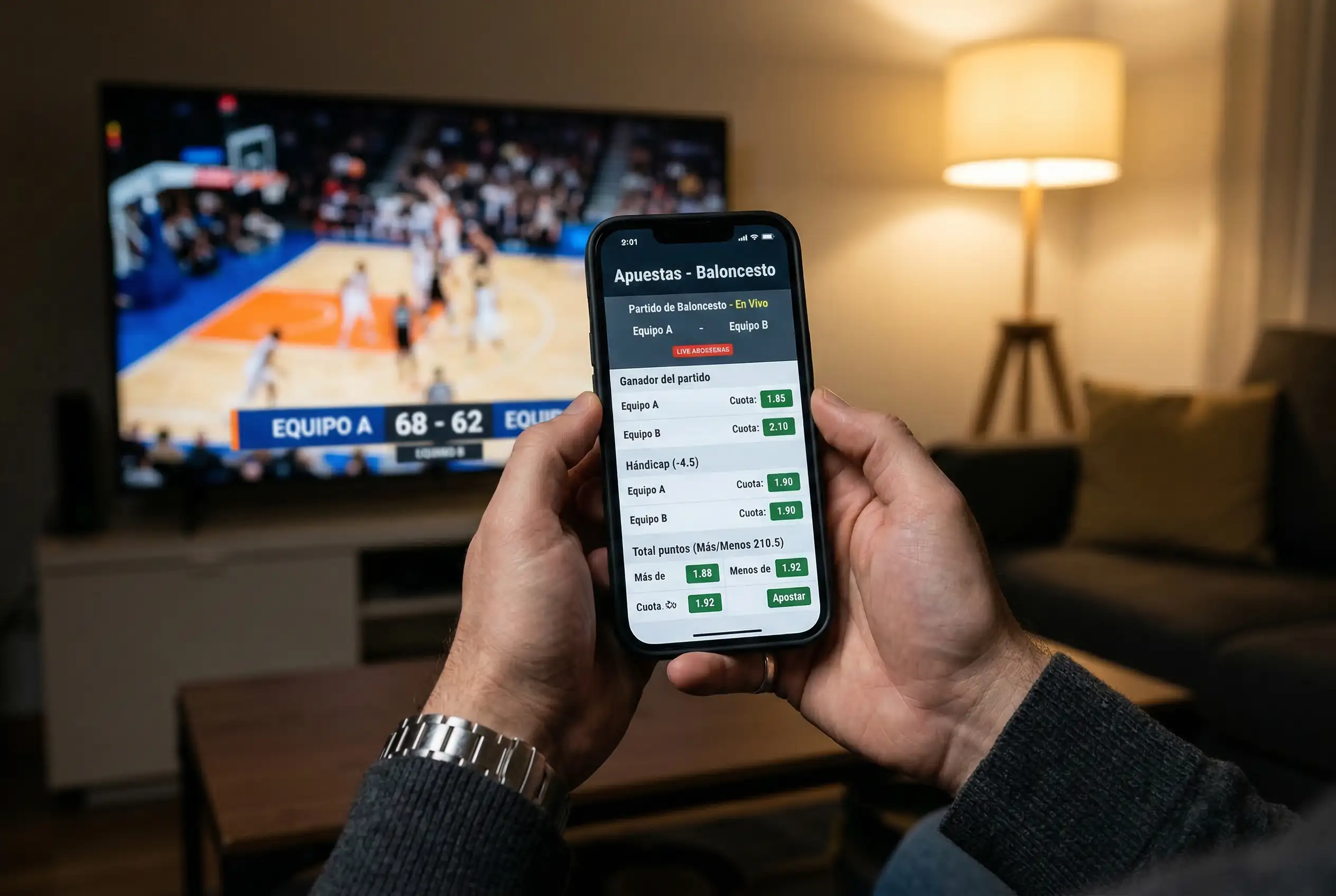 Pantalla mostrando cuotas decimales y mercados de apuestas de baloncesto en un dispositivo móvil