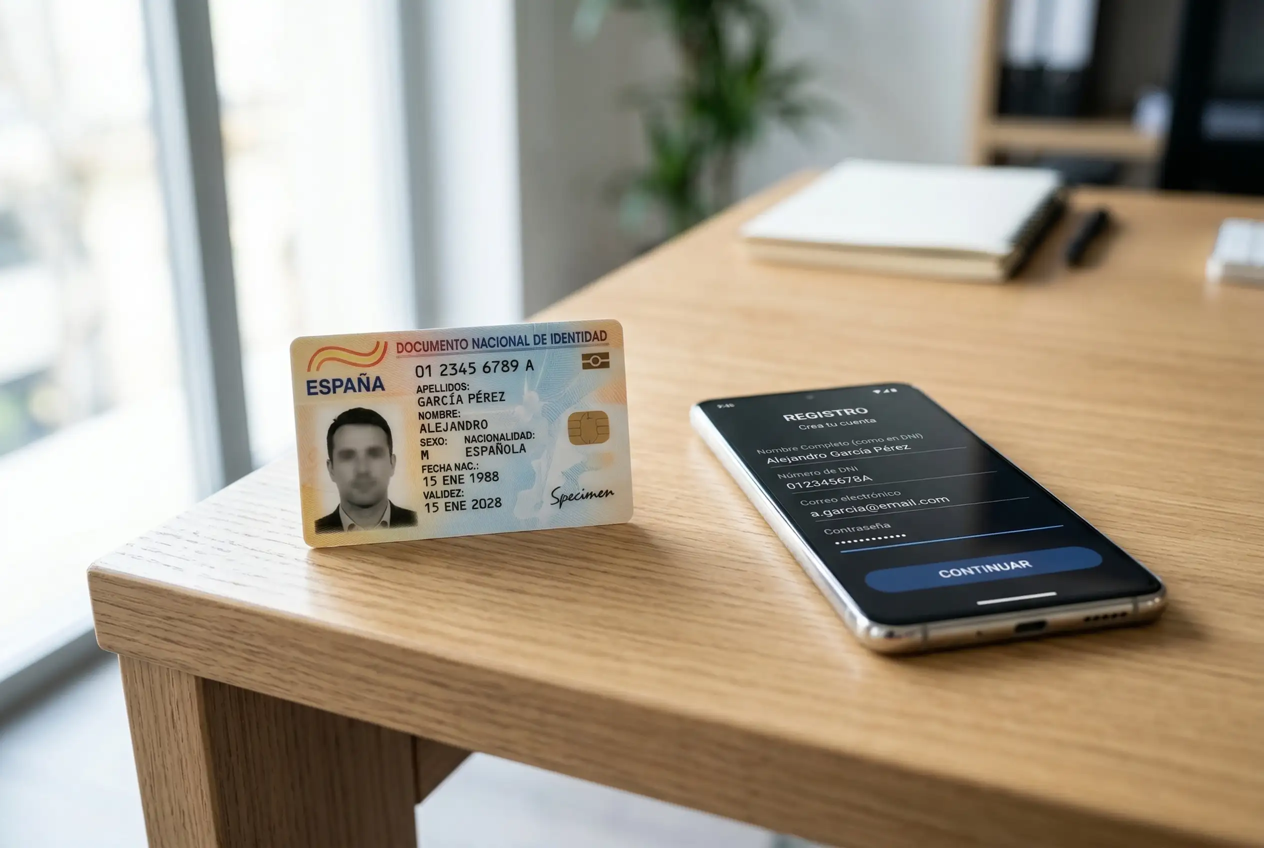 Documento de identidad español junto a un teléfono móvil con fórmulario de registro de apuestas