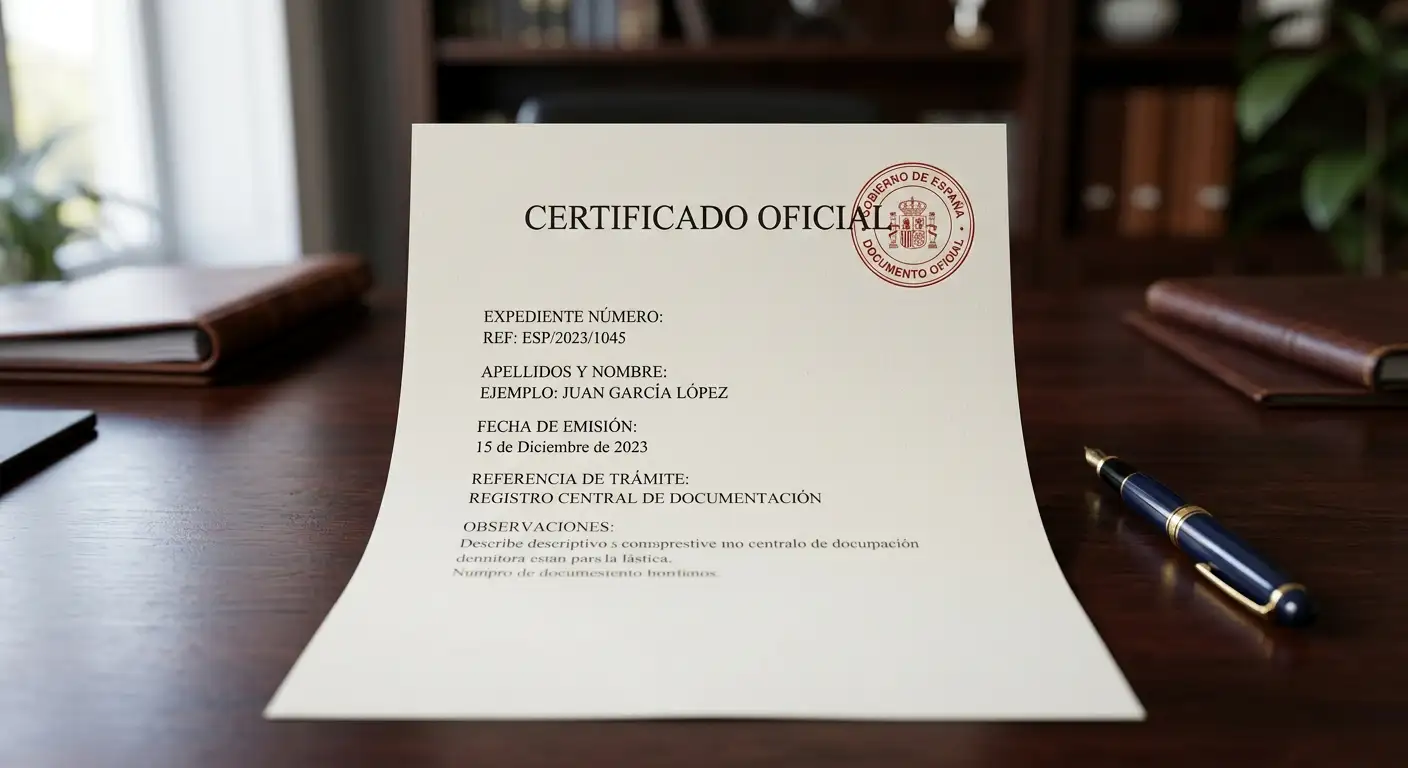 Documento oficial con sello de la administración española sobre una mesa de despacho profesional