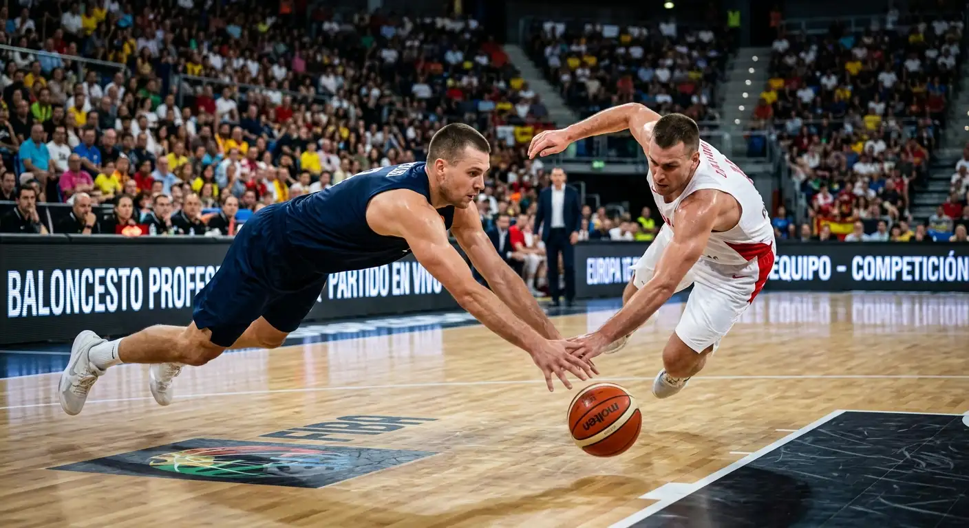 Jugadores de baloncesto europeo disputando un balón durante un partido de Euroliga bajo focos