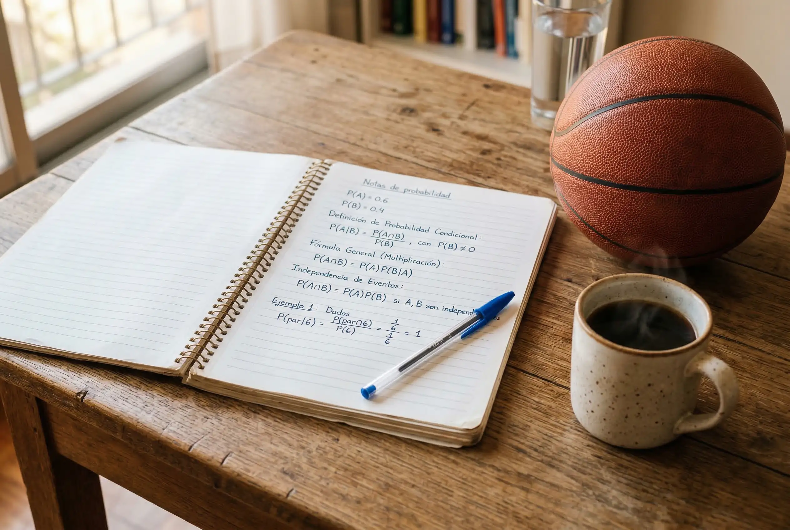 Cuaderno con fórmulas matemáticas de probabilidad junto a un balón de baloncesto sobre un escritorio